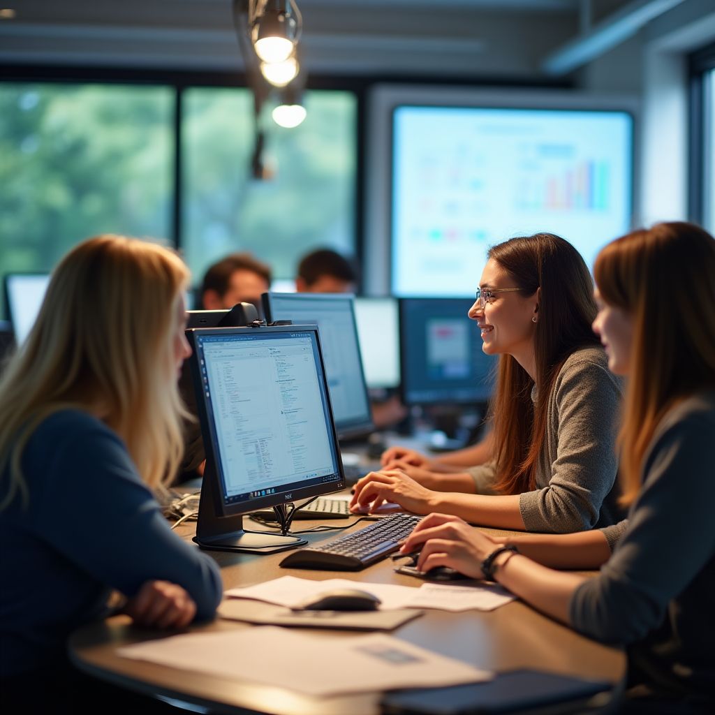 Equipo de EduLibre colaborando en la oficina
